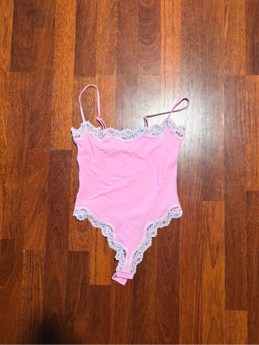 SKIMS Pink Lace-Trim Snap-Crotch Bodysuit